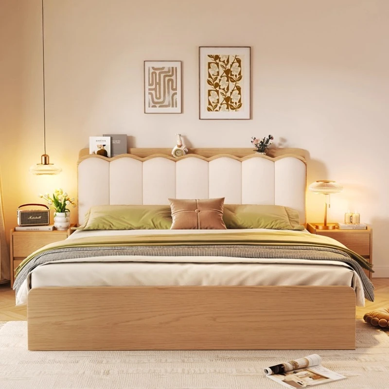 Log Wood Color Bed Minimalist Modern Pneumatic High Box Storage Bed with Light and USB Charging Interface Furniture Bed 2 People