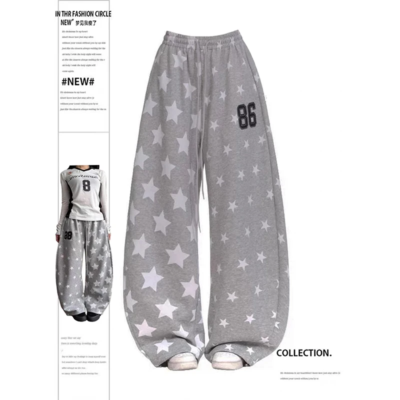 

ZHIZOU Американские Ретро Y2k 2000-х годов Спортивные брюки со звездами Женские 2026 Весенние уличные хип-хоп Свободные повседневные серые широкие брюки