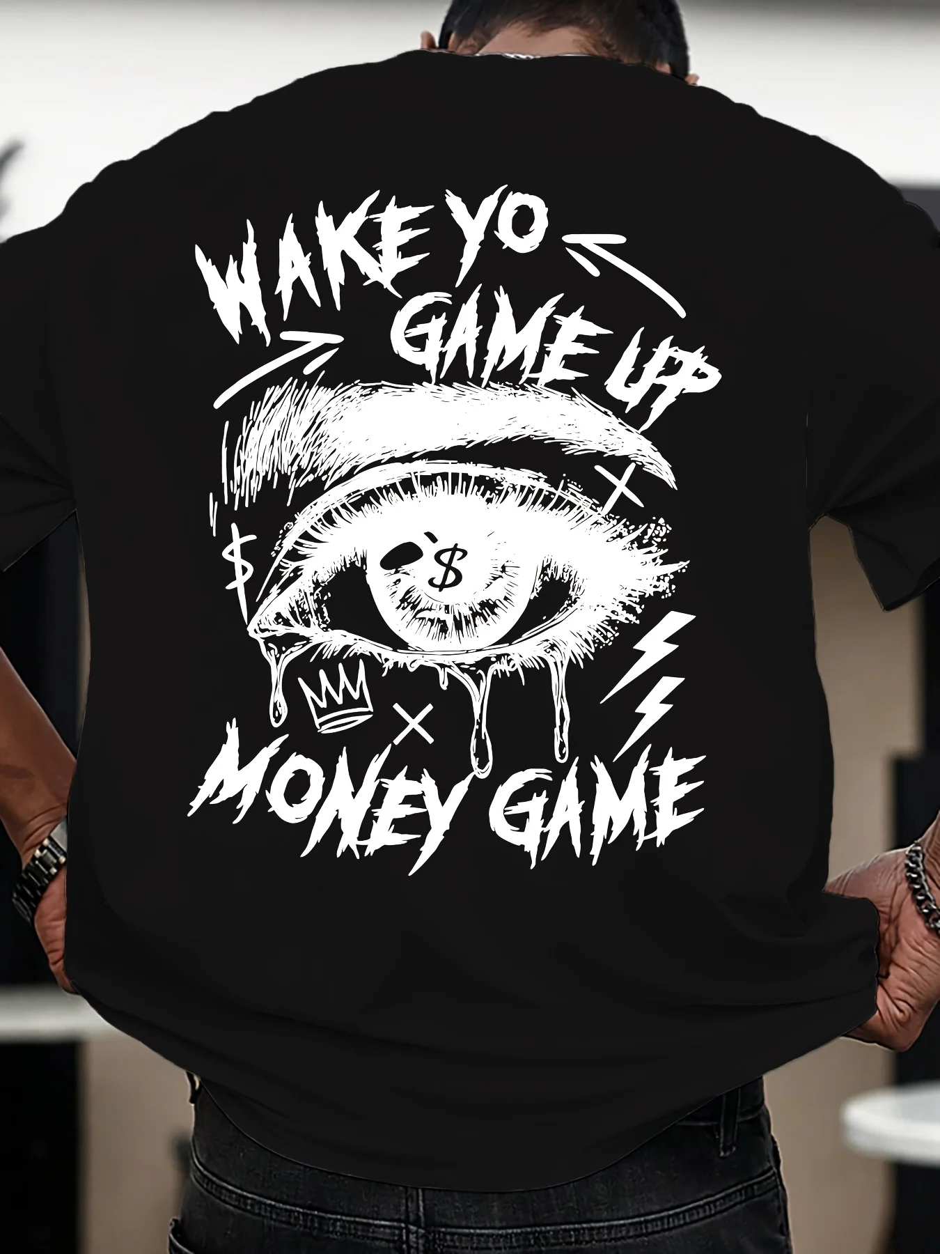 

Men's summer printed T-shirt, bold "WAKE YO GAME UP MONEY GAME" letter pattern regular version casual street style shirts