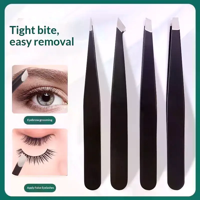4Pcs Professional Black Eyebrow Tweezers Set Stainless Steel Slant Flat Point For Shaping Tools