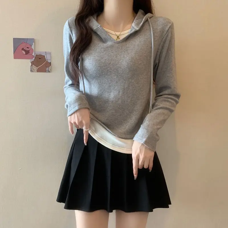 Casual Hooded Patchwork T-shirt Women's Clothing Korean Contrasting Colors Spring Autumn Chic Drawstring Commute Slim Pullovers