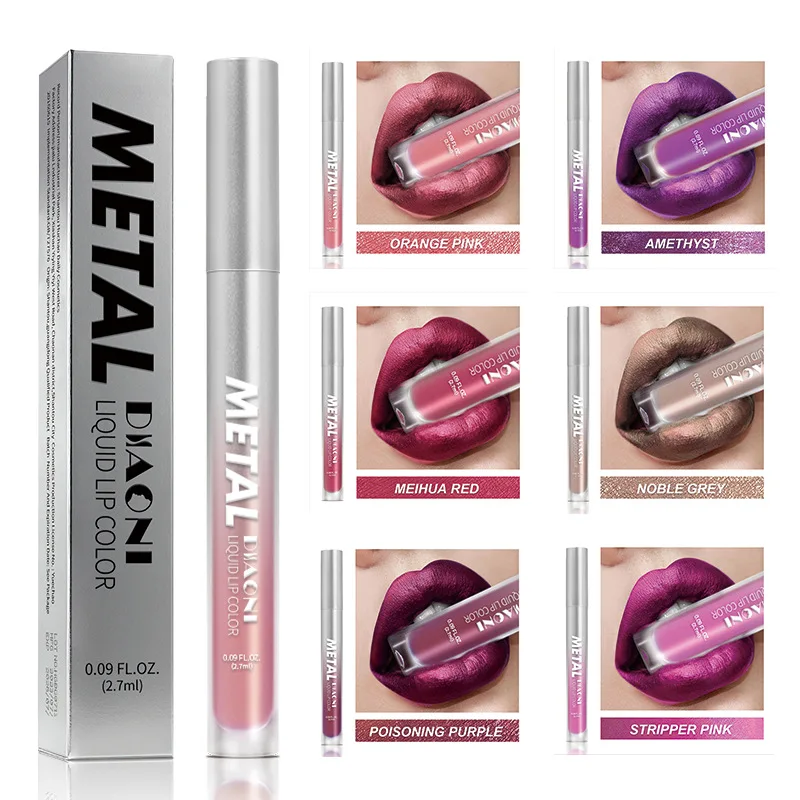 6 Color Diamond Metallic Shine Liquid Lipstick Pearlescent Waterproof Glitter Lip Gloss Smudge Proof Glamorous Lip Makeup