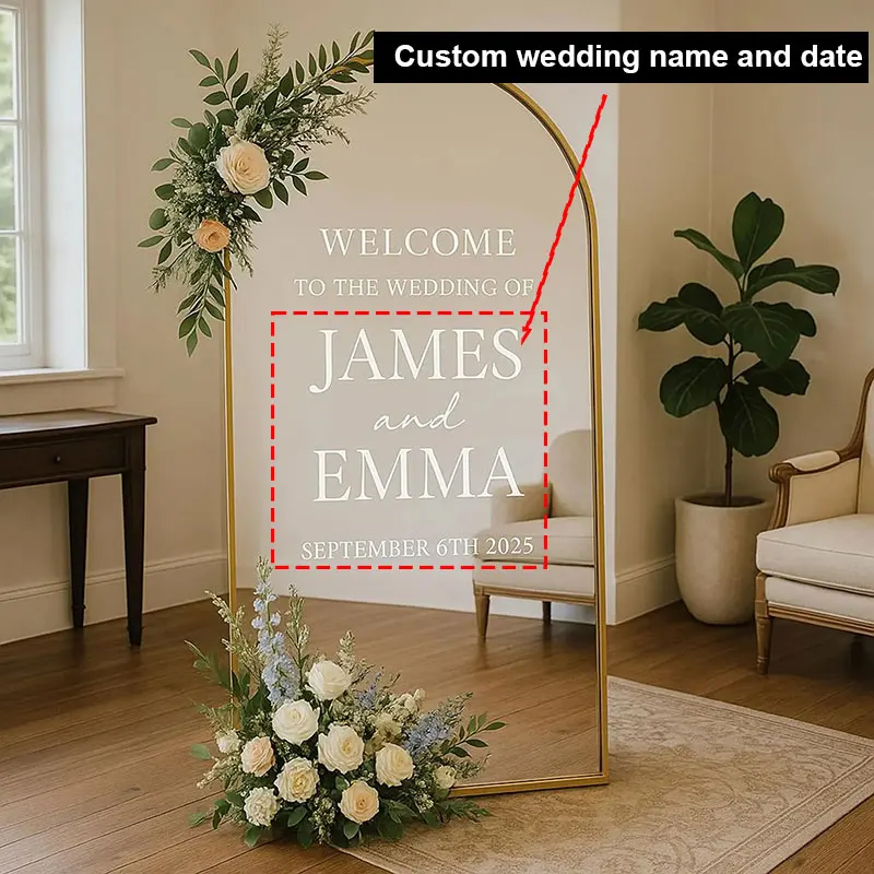 

Personalised Wedding Name Mirror Decal, Custom Welcome Sign Sticker, Elegant Vinyl Decal Ceremony Reception, Wedding Decor Q143