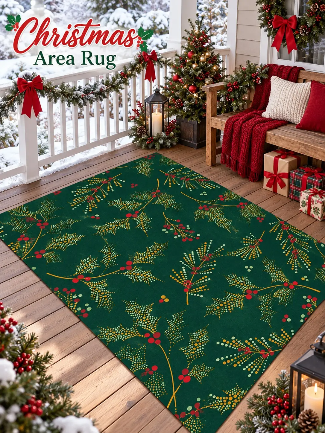 Christmas Rug Pine Branches Berries Floor Decor Carpet Living Room Bedroom Dining Area Entryway Apartment Cottage Winter Home Styling Beside Sofa Coffee Table Housewarming Birthday Gift for Parents Grandparents Friends Neighbors Holiday Celebrations