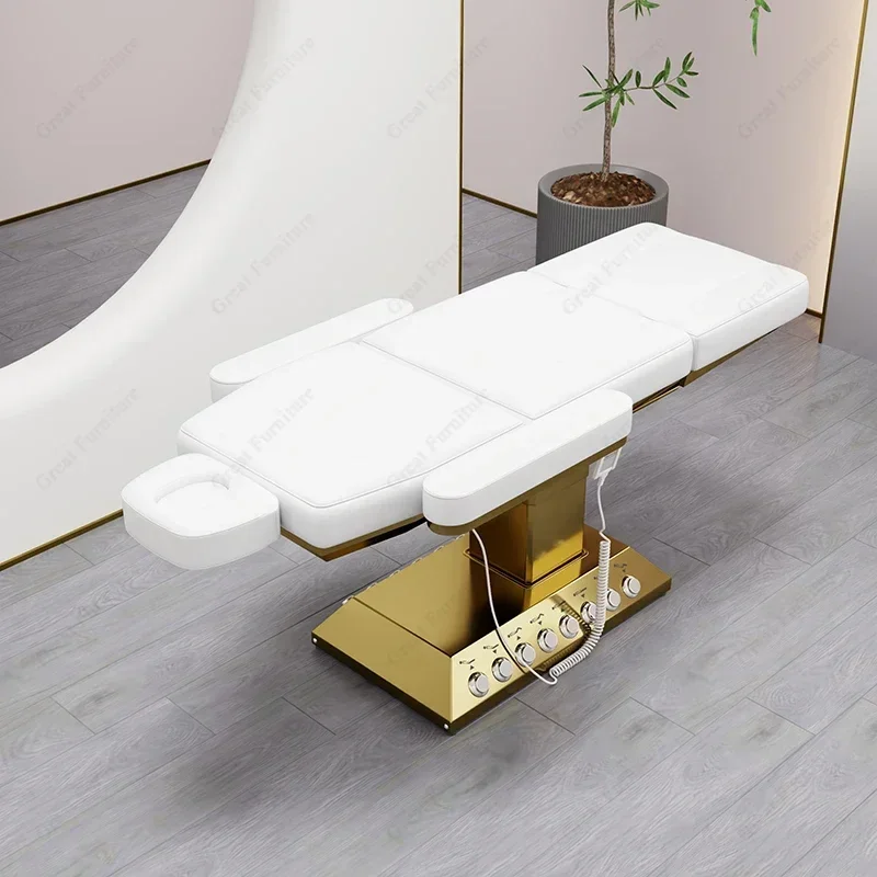 Luxo branco couro do plutônio mesa de massagem elétrica ouro base aço inoxidável massagem facial beleza spa cama com 4 motores