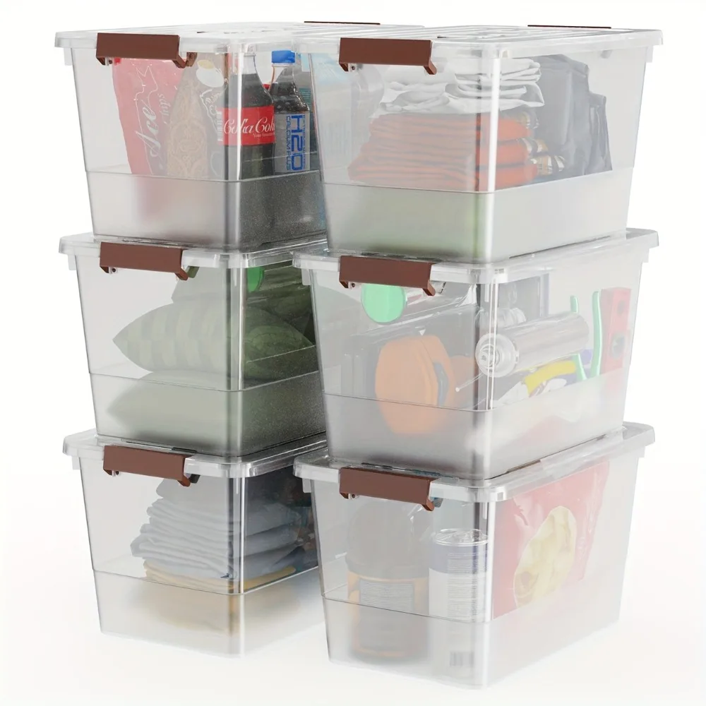 

6 Pack Clear Plastic 32-Quart Storage Bin with Lid And Latching Buckles, Stackable Tote Organizing Box with Handle