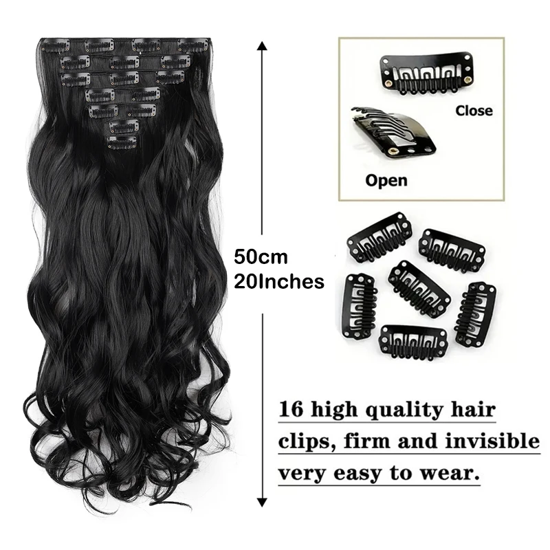 22 Inch Long Curly Wavy Synthetic Hairpieces  7Pcs/Set Clip In Hair Extensions Full Head  For  Women