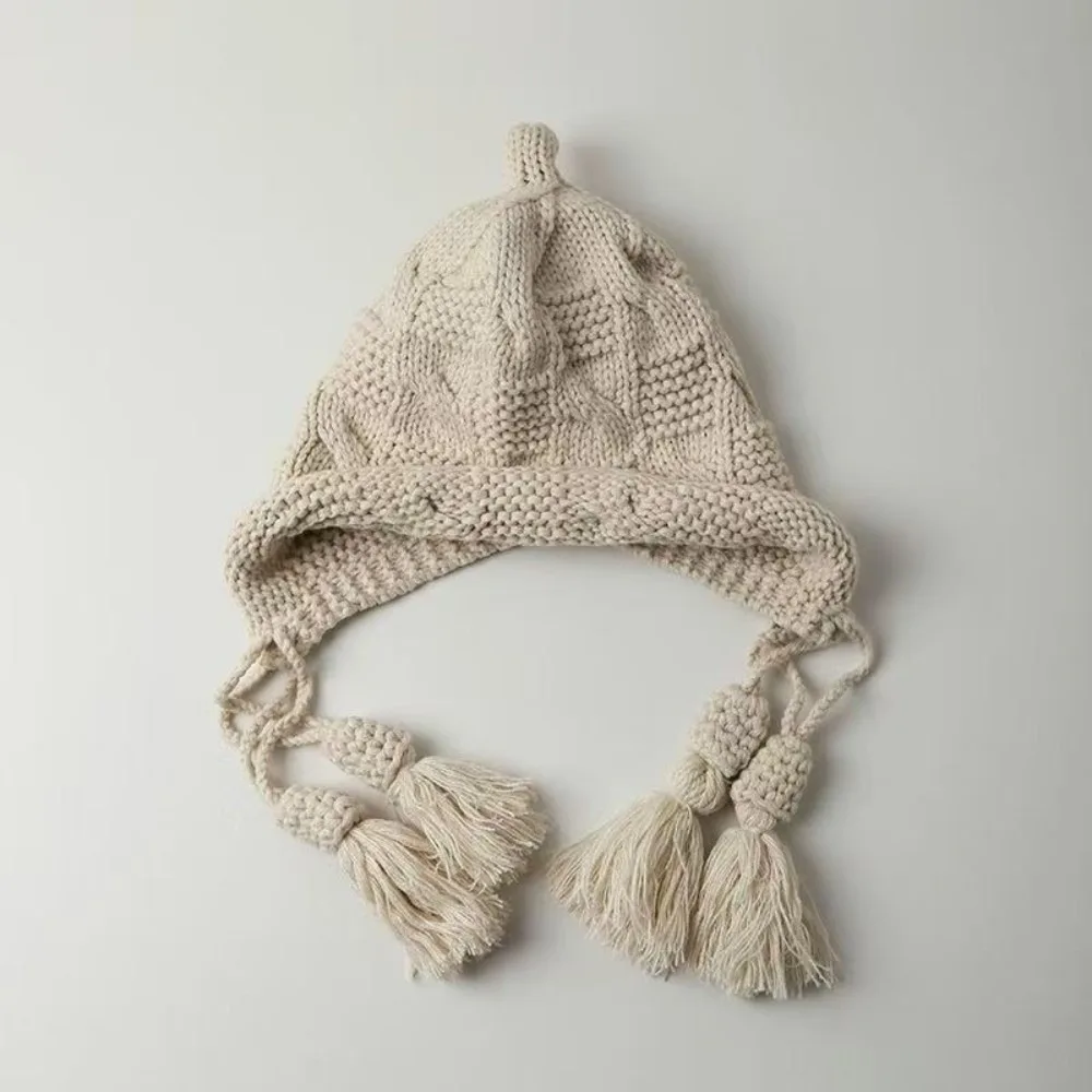 

Cute Windproof Knitted Wool Hat Tassel Lace-Up Design Ear Protection Cap Warm Headgear 3-9 Years
