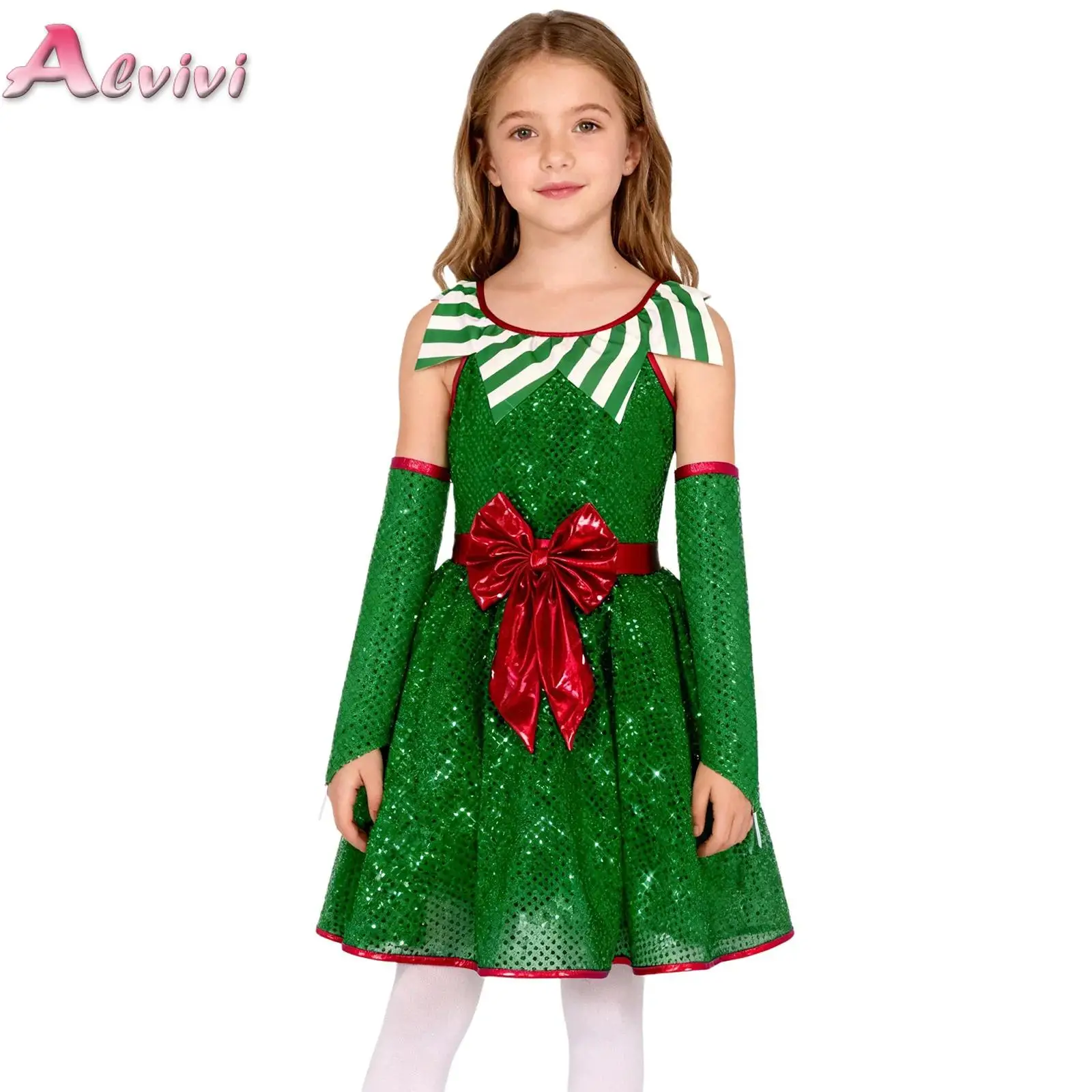 

Kids Girls Christmas Candy Canes Outfit Sequin Sleeveless Stripe Elf Dance Leotard Tutu Dress with Oversleeves for Holiday Party