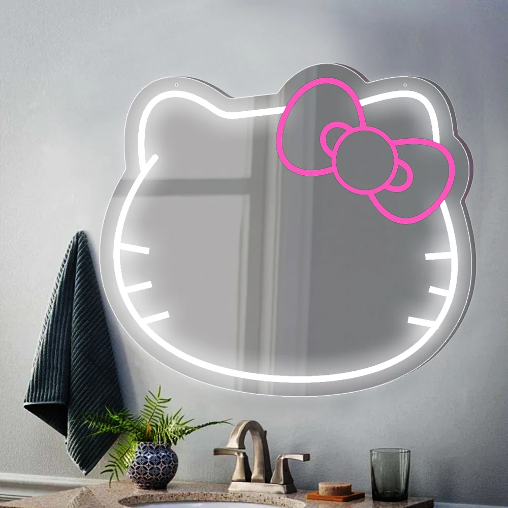 Neon Sign Anime Hello Cat with Mirror USB Powered LED Mirror Neon Light 16