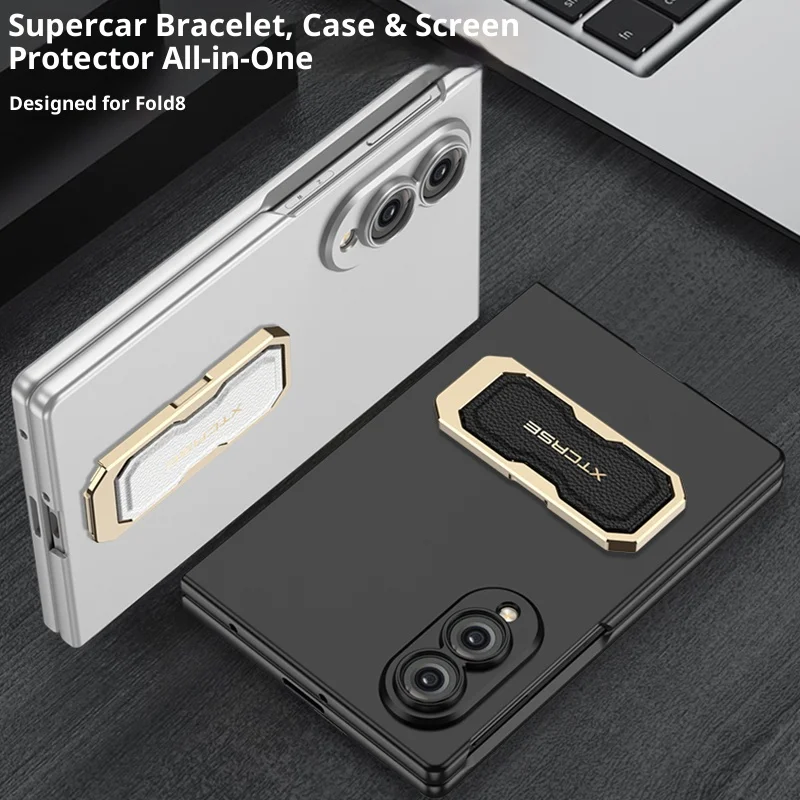 Funda con soporte plegable y correa para muñeca para Samsung Galaxy Z Fold 8 Fold8 Wide, PC con sensación de piel, incluye protector de pantalla 5