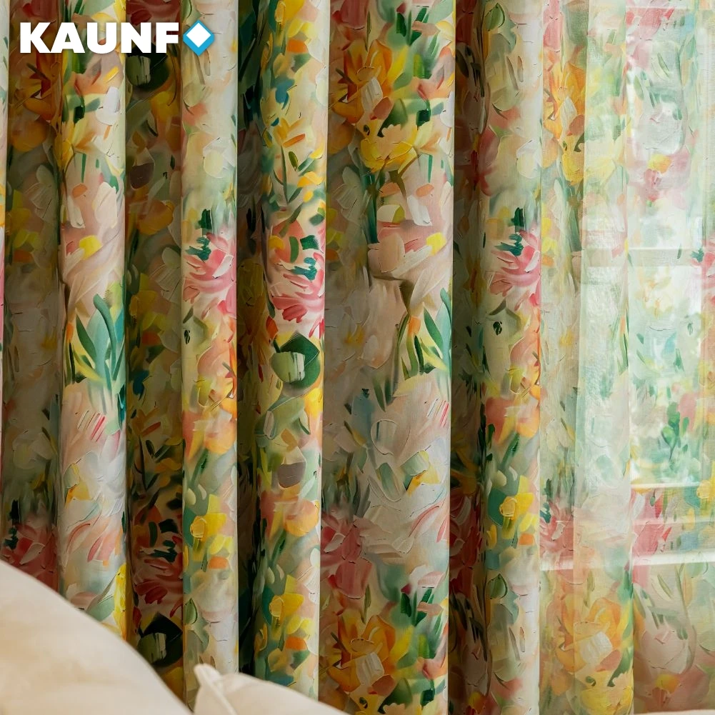 Modern Printed Curtains for Living Room Bedroom Flower Oil Painting Fabric Fresh Pastoral Style 100% Blackout Curtain 1 PC