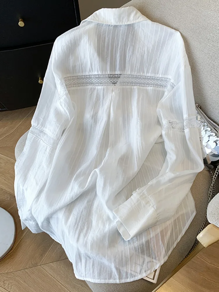 

Lace Hollow out Lazy Style Loose White Sun Protection Shirt Women's Top Summer Thin Ice Silk Shirt Coat French Style Loose Fit