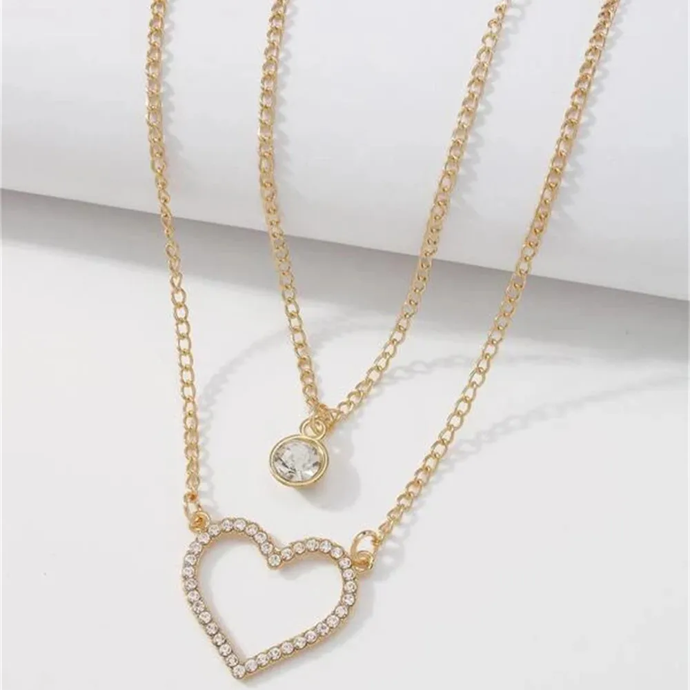 Fashion Punk Chain Crystal Hollow Heart Pendant Necklace For Women Female Girl Vintage Boho Gold-plate Multilayer Gift Jewelry