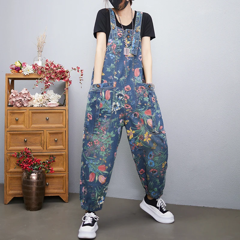 Fashion Streetwear Print Floral Denim Jumpsuit Women Casual Loose Wide Leg Pants Rompers Big Size Pockets Straps Jeans Overalls