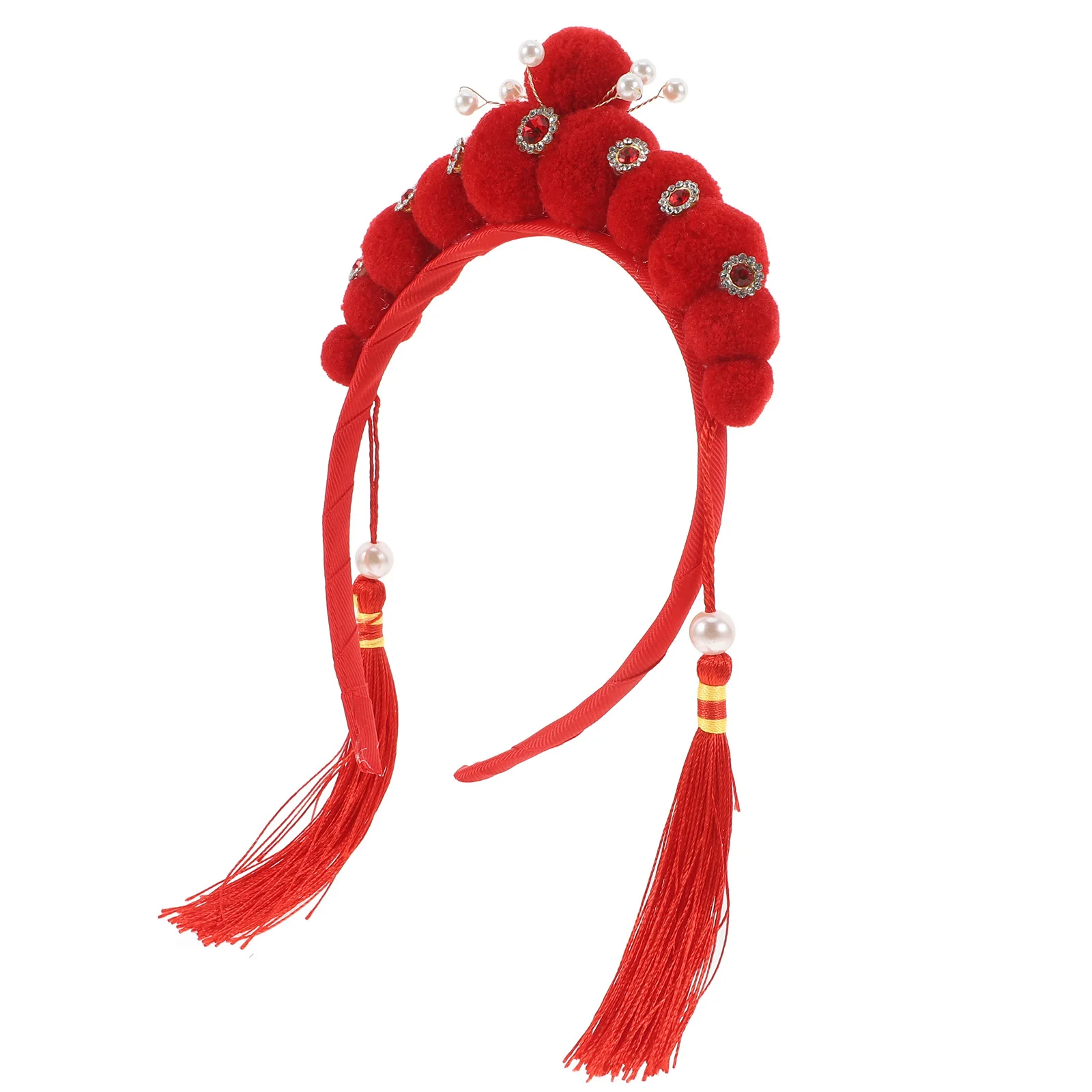 

Chinese Opera Headband Adjustable Tassel Pearl Design For New Year Celebration Stage Performance Role Play Party Hats