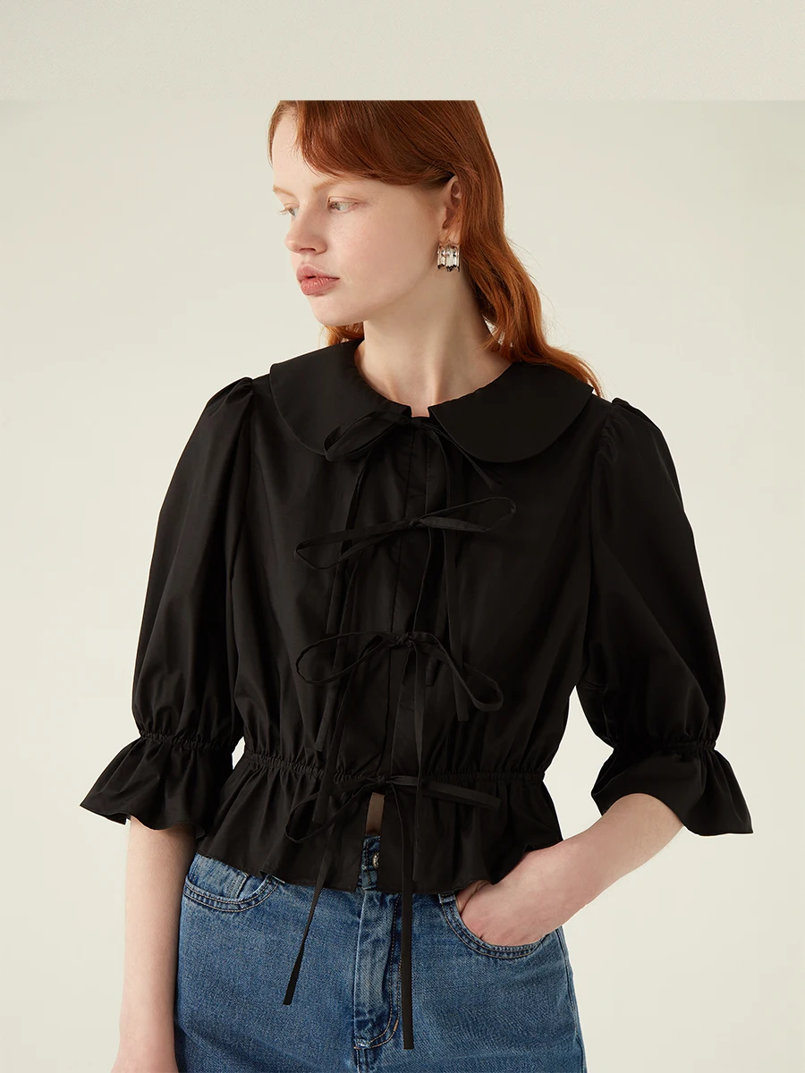 

Princ Sle Doll Collar Bubble Sve irt with Bow Tie ort Sve Women's New Faion Sweet Sle Pure Color Top