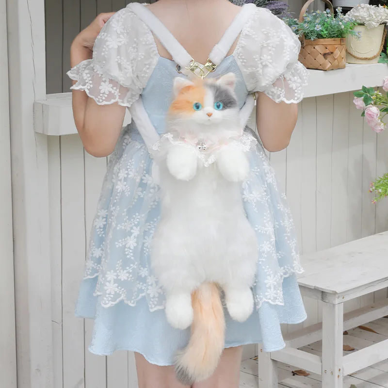 Super Realistic Doll Three Flower Cat Backpack Pure Handmade Cute Backpack Shopping Bag Travel Storage Makeup Bag Birthday Gift