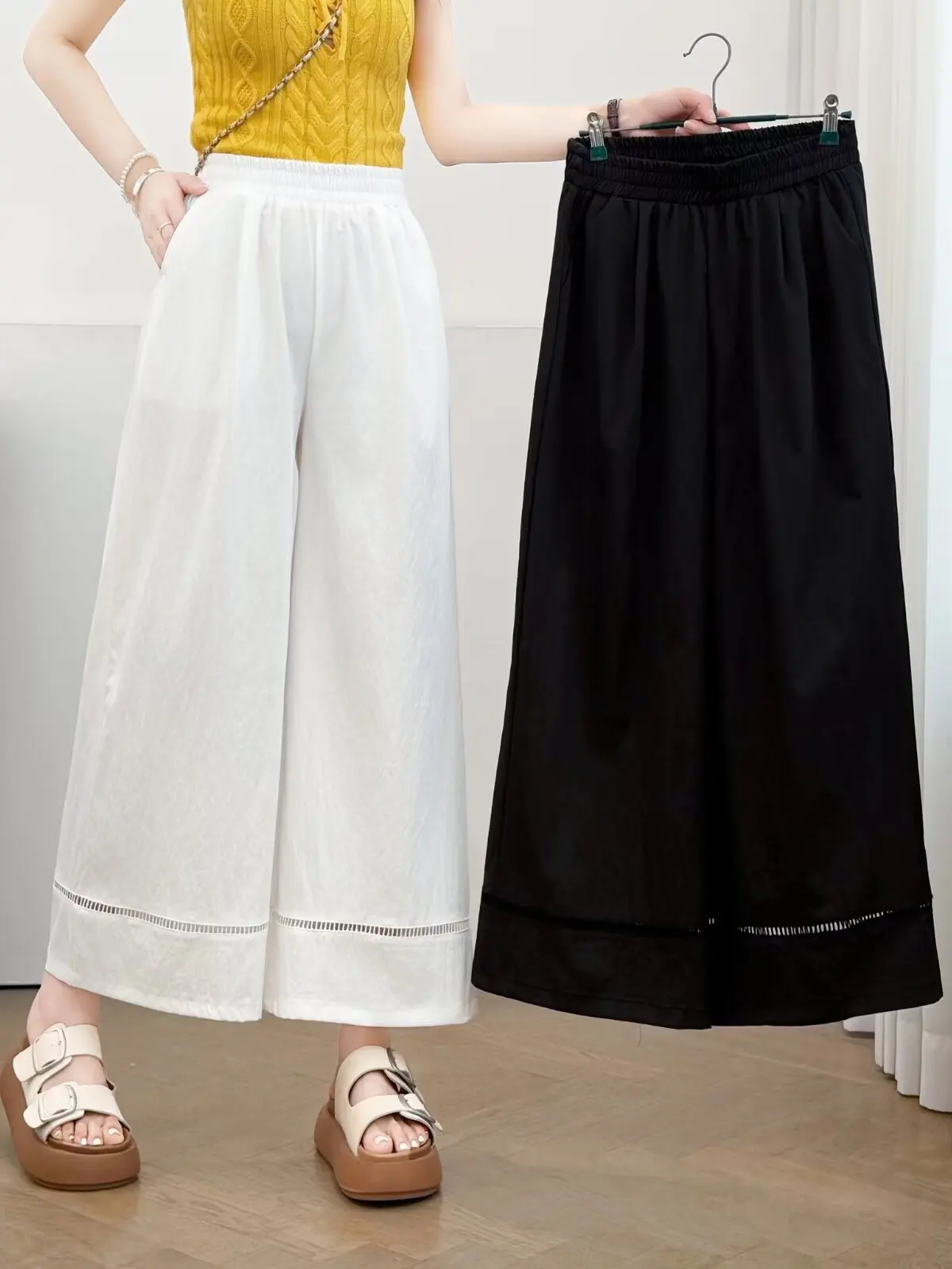 

plus Size Women's Summer Casual Pants Hollow out Wide Leg Pants Loose Versatile Nine Point Straight Leg Pants Trendy