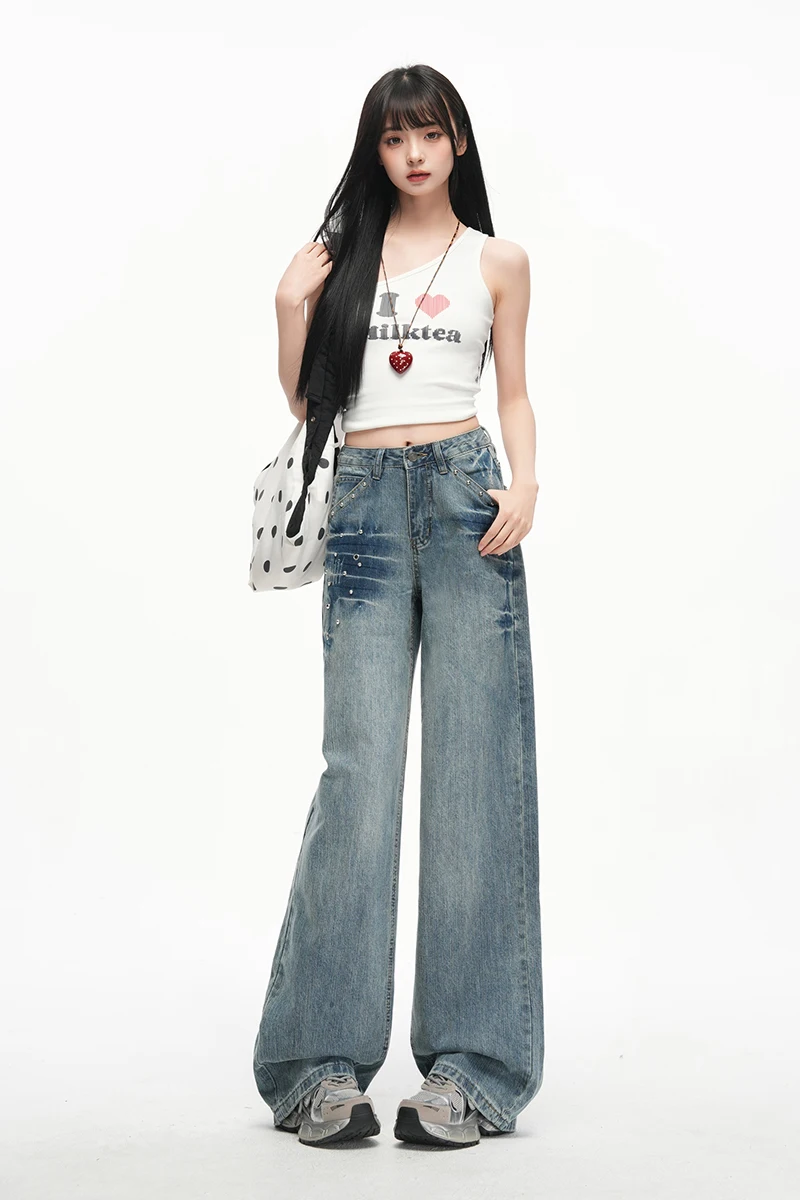 

Womens Jeans Loose Jeans Stretch Distressed Denim Pants Street American Retro Blue Rivet Wide Leg Straight Leg Trousers