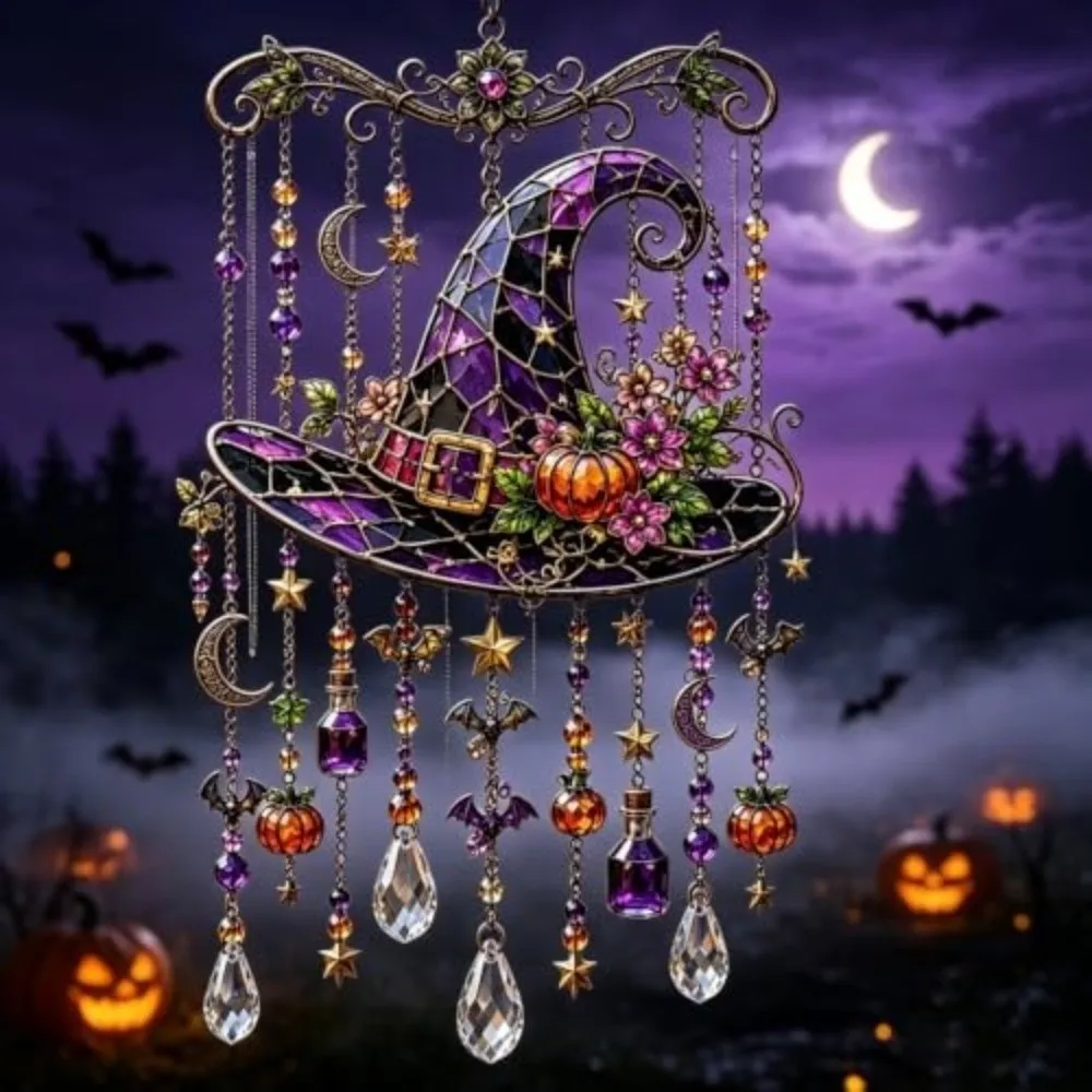 Halloween Themed Crystal Wind Chime Dangling Strands Hanging Chain Glass Suncatcher Faceted Teardrops Bead Accents Wind Chime