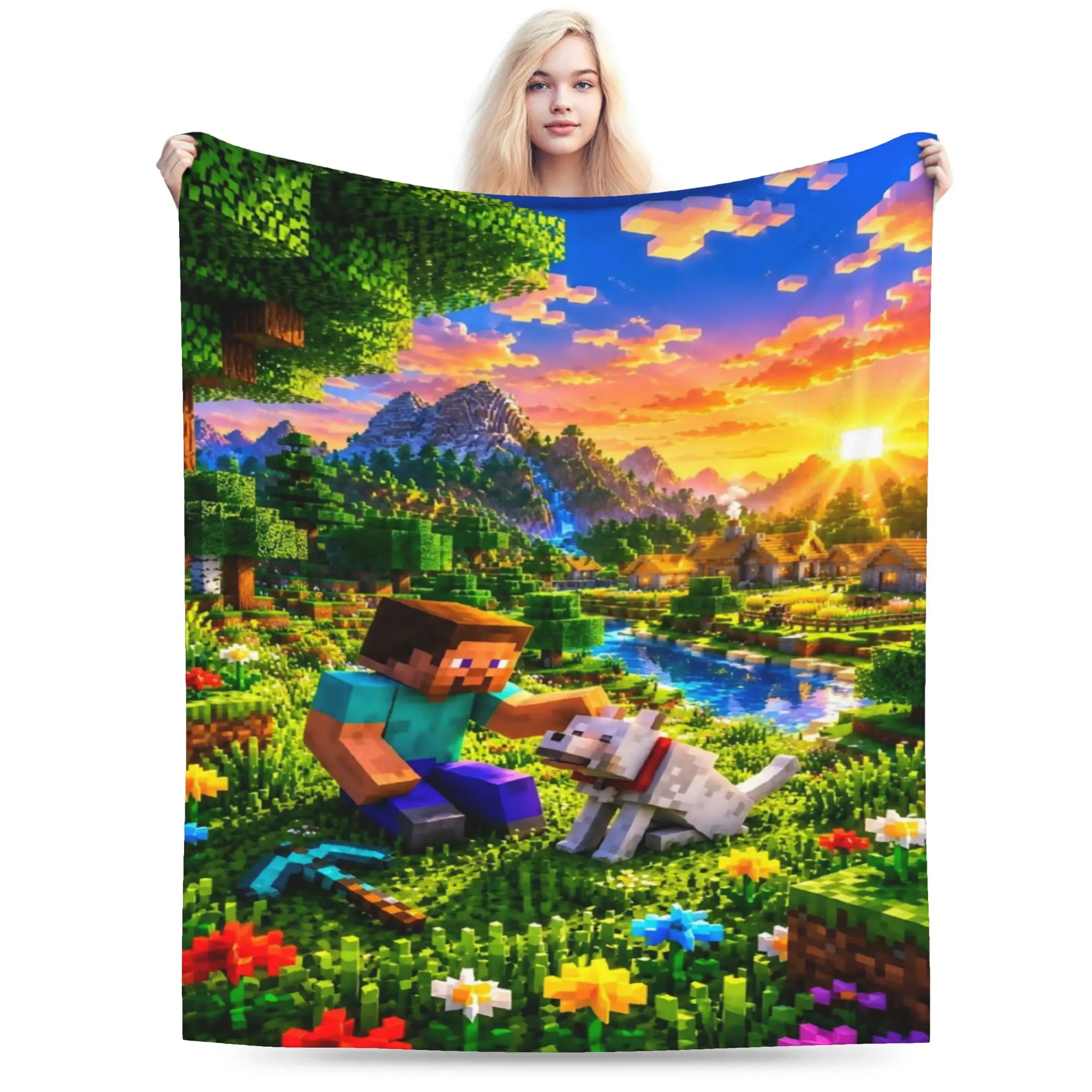 M-Minecrafts Player Team Warm Soft Blanket  Travel Plush Throw Blanket Novelty Living Room Flannel Bedspread Sofa Bed Cover