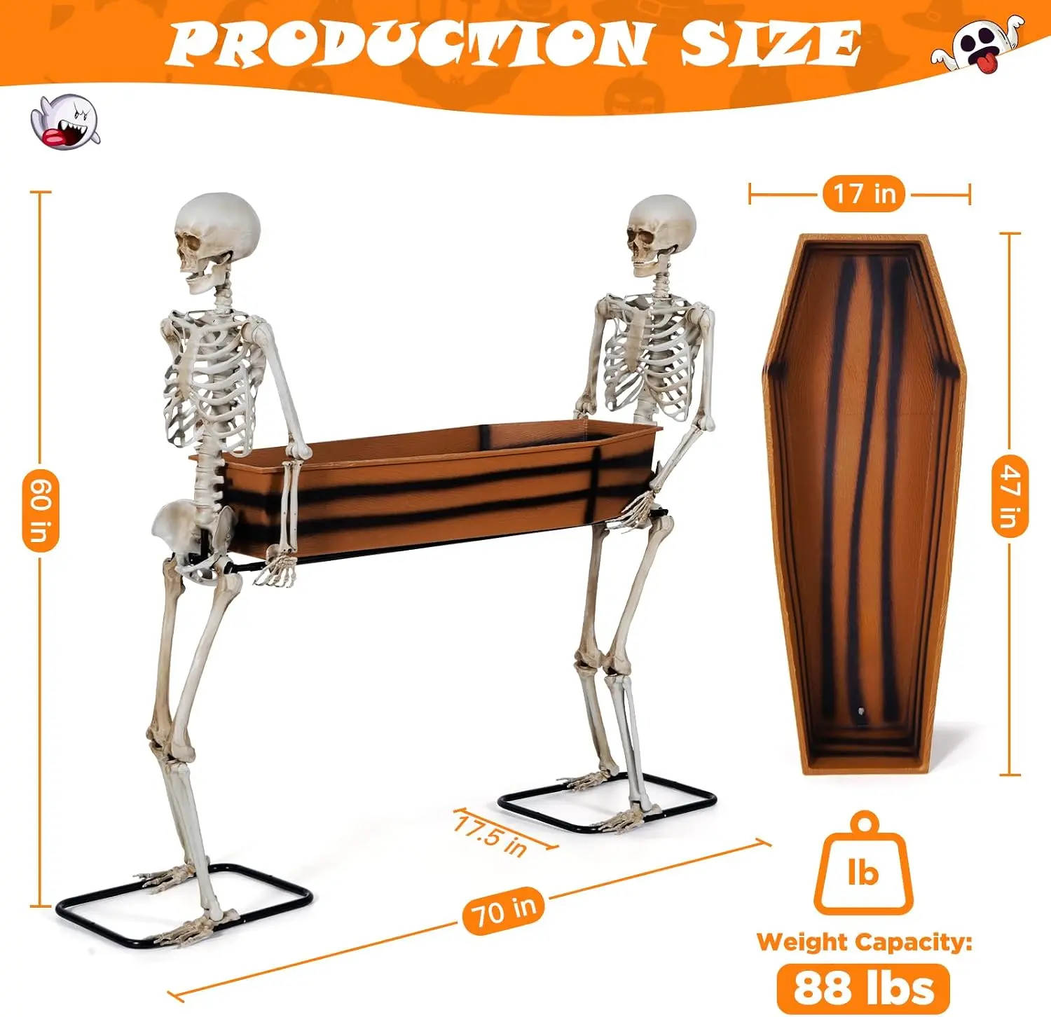 5ft Posable Halloween Skeleton Outdoor Decoration, Life-Size Undead Pallbearers Carrying a Coffin Drink Cooler, Spooky Graveyard Prop for Haunted Houses and Halloween Party Display