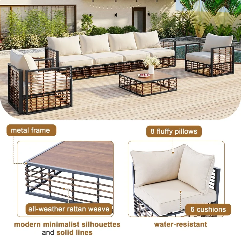 Modern minimalist all-weather furniture metal outdoor thick cushion sofa 7-piece garden combination sofa set