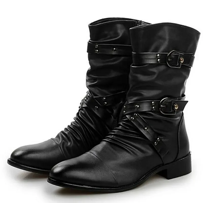 

Men's Leather Boots High Quality Biker Boots Black Punk Rock Shoes Men's Women's Tall Boots Size 38--48