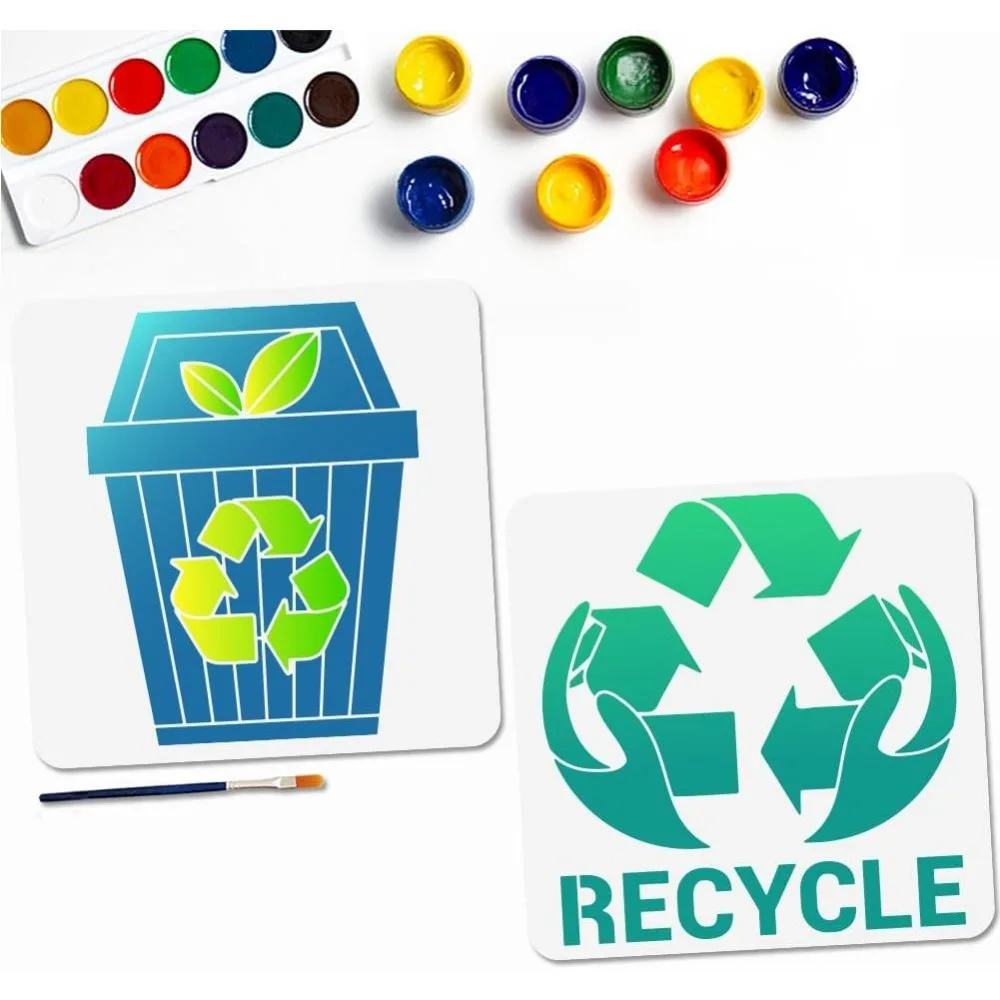 2Pcs Trash Can Recycling Sign Painting Stencil Environmental Stencil 11.8×11.8inch with Paint Brush Reusable Recycle Logo