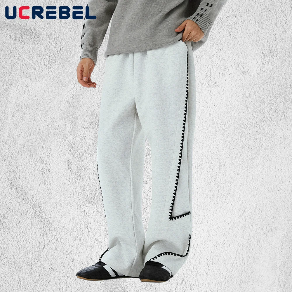 

Embroidery Spliced Sweatpants Mens Pocket Autumn Winter High Street Elastic Waist Wide Leg Baggy Trousers Man