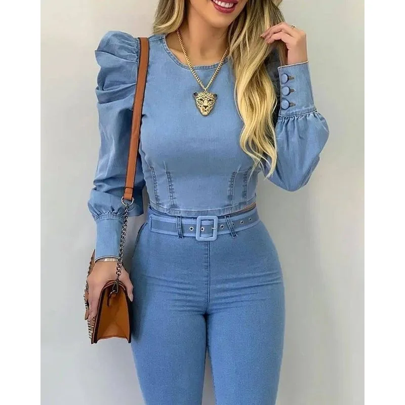 

Women's round Ne Puff Sve Corset Top Long Blue Den Cleanfit Sle ort Sve Thin Polyester Fabric A-Line Sve