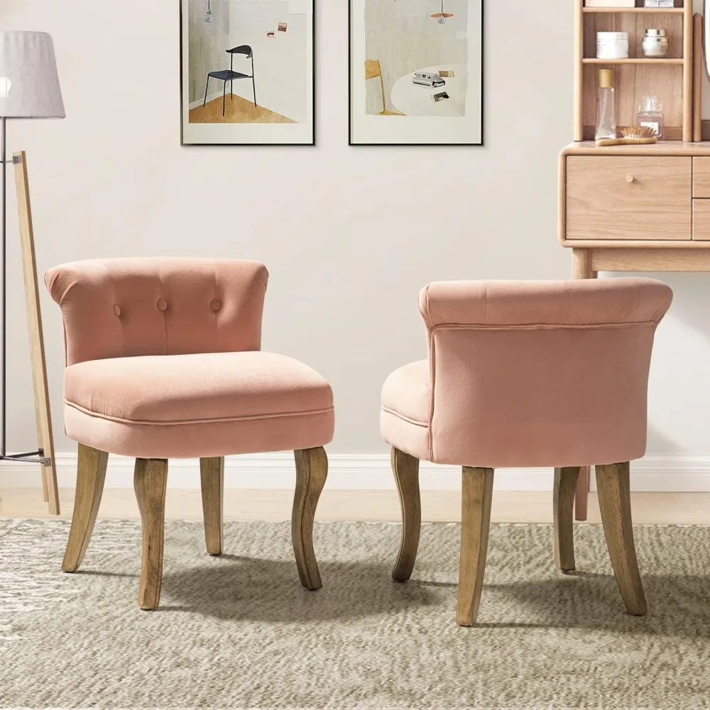 

"soft velvet low-back vanity chairs, pink compact vanity stools with wooden legs, plush tufted makeup chairs for girls' bedrooms