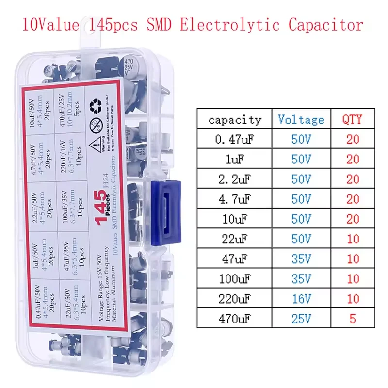 Jogo eletrolítico da variedade dos capacitores, 16V, 25V, 35V, 50V, 1uf, 2,2 uF, 3,3 uF, 4,7 uF, 10uF, 22uF, 33uF, 47uF, 100uF, 220uF, 330uF, 470uF, 1000uF