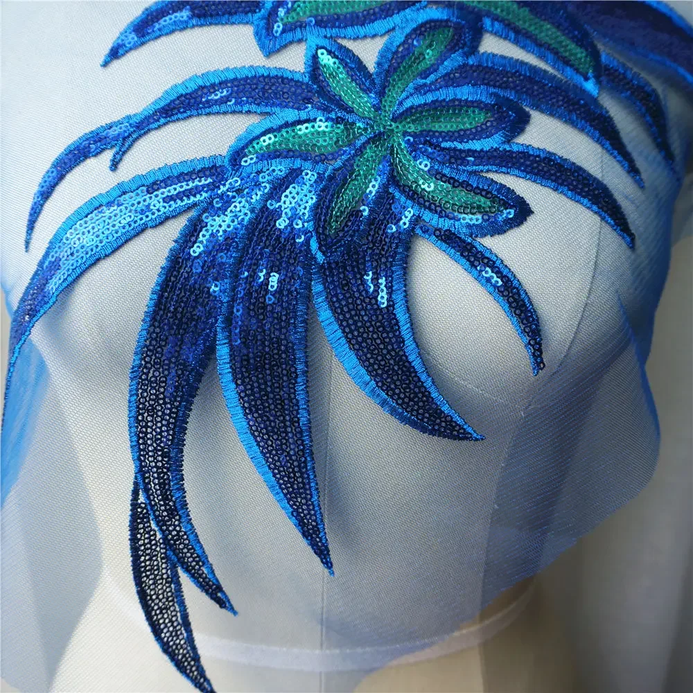 Blue Sequined Flower Leaves Lace Fabric Embroidered Wedding Gown Appliques Collar Mesh Sew On Patch For Dress DIY Decoration