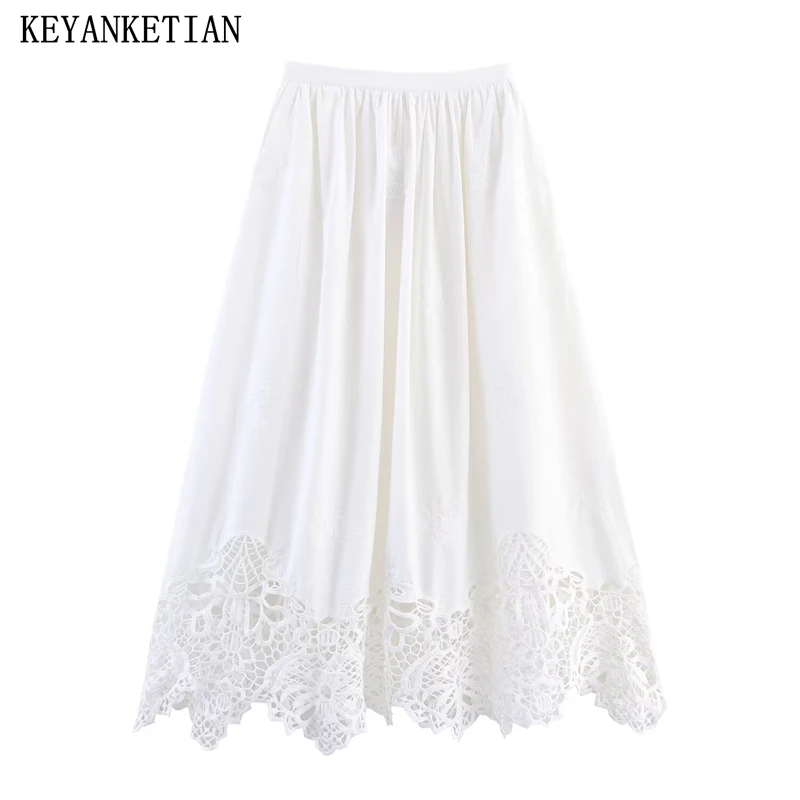 

KEYANKETIAN, новая летняя женская полуюбка миди с нерегулярными волнистыми краями и кружевной вышивкой, юбка трапециевидной формы