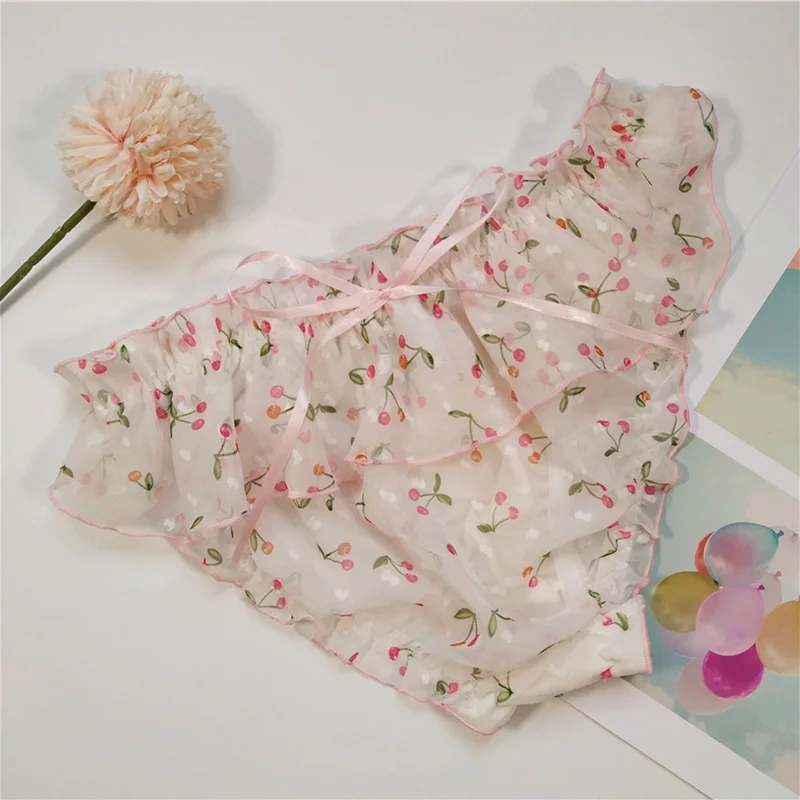 2pcs Ladies Triangle Low Waist Mesh Panties Cherry Sweet Japanese Cute Transparent Bow Underwear Lace Print Student Clothing