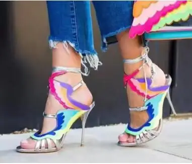 

Summer Women Colorful Wing Lace Up Sandals Leather Strap Cut Out Peep Toe Stiletto Heel Slingback Ankle Buckle Party Dress Shoes