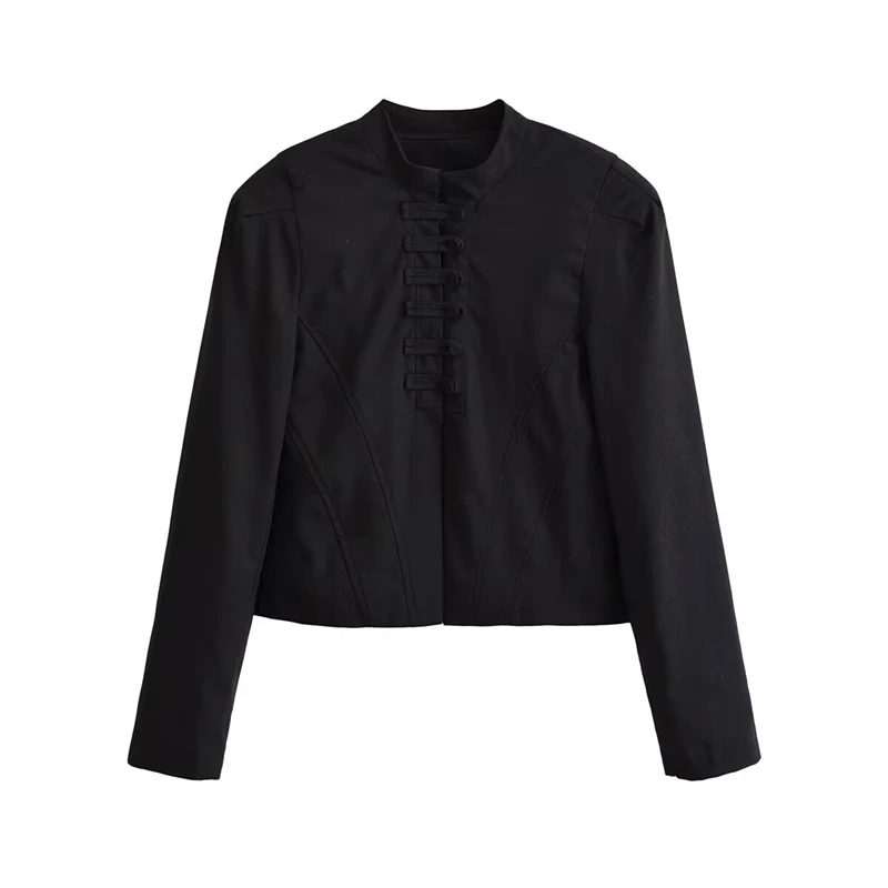 Women Chinese Style Cropped Jacket Mandarin Collar Frog Button Closure Long Sleeve Slim Fit Retro Oriental Short Outerwear Coat