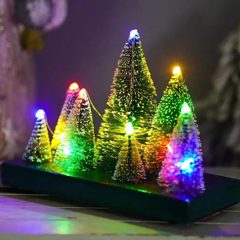 Mini Christmas Tree For Desk Tiny Artificial Pine Needle Tree Combination Ornaments Colorful LED Light Pine Needle Tree Decor