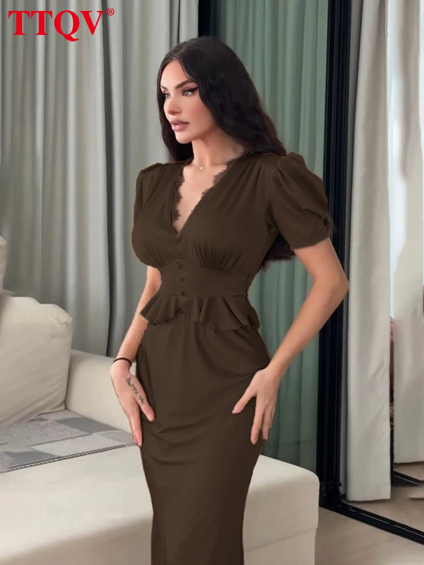 TTQV Summer Slim Brown Satin Women's Two Pieces Set 2026 Sexy Short Sleeve Shirt With High Waist Maxi Skirt Set Female Clothing image 3