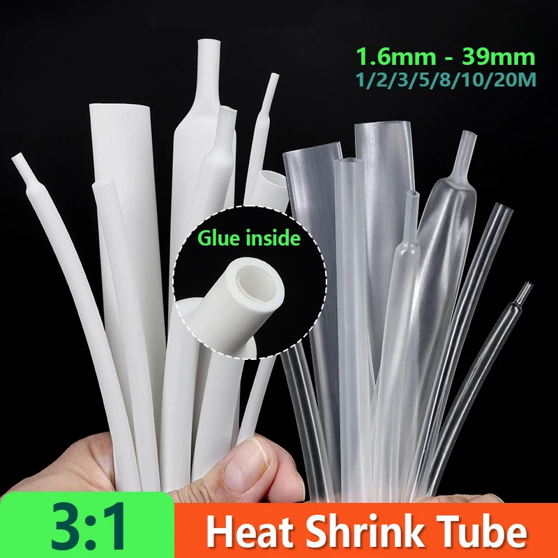 

1-20m Glued 3:1 Heat Shrink Tube Clear White 1.6mm ~ 39mm Polyolefin Dual Wall Shrinkable Wrap Adhesive Lined Cable Repair Sleev