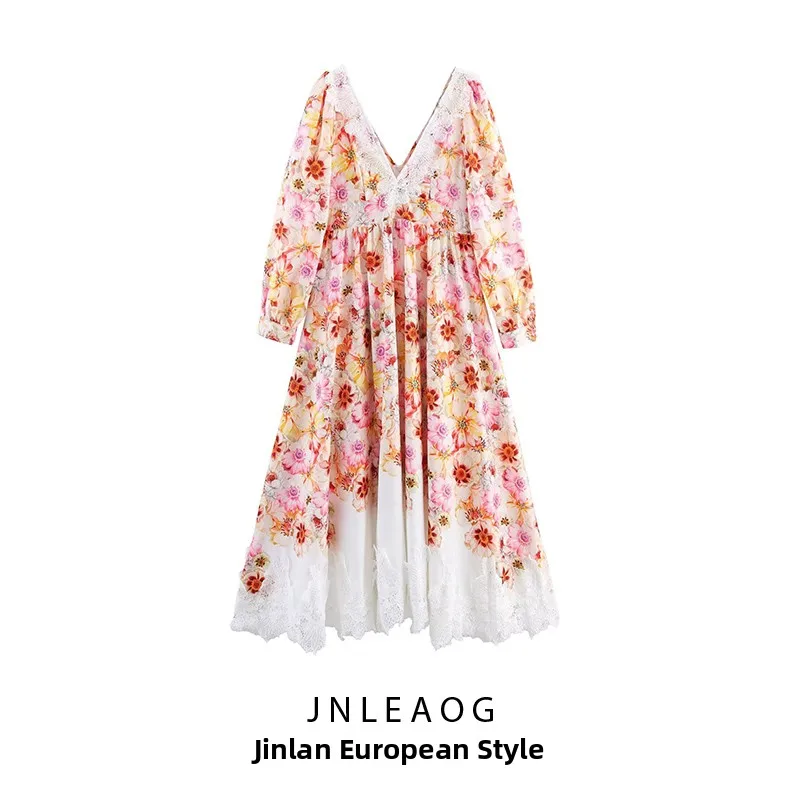 Französisch Sle Gedruckt Lange Dr frauen Faion V-ne Taille-ausgesetzt Floral Spitze Saum Herbst Neue Ankunft Casual Wear