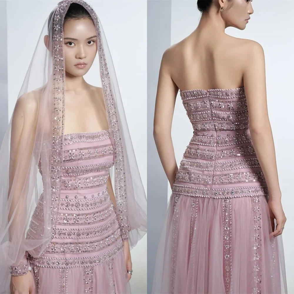 

Customized Soft Pink Tulle Evening Dresses Fashion Strapless Sleeveless Homecoming Dresses High Quality Special Occasion Gowns