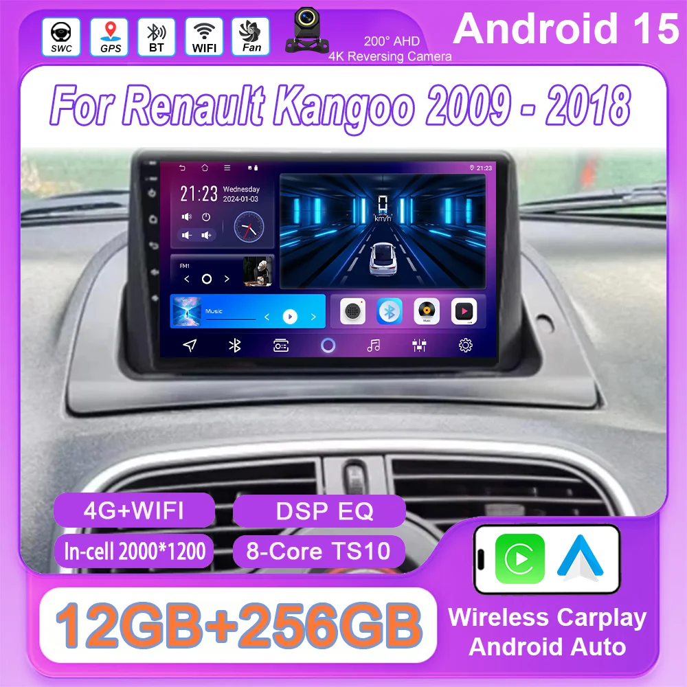 

Carplay Android 15 Radio For Renault Kangoo 2009 - 2012 2015 2016 2017 2018 Car Multimedia Player Navigation GPS Stereo No 2din