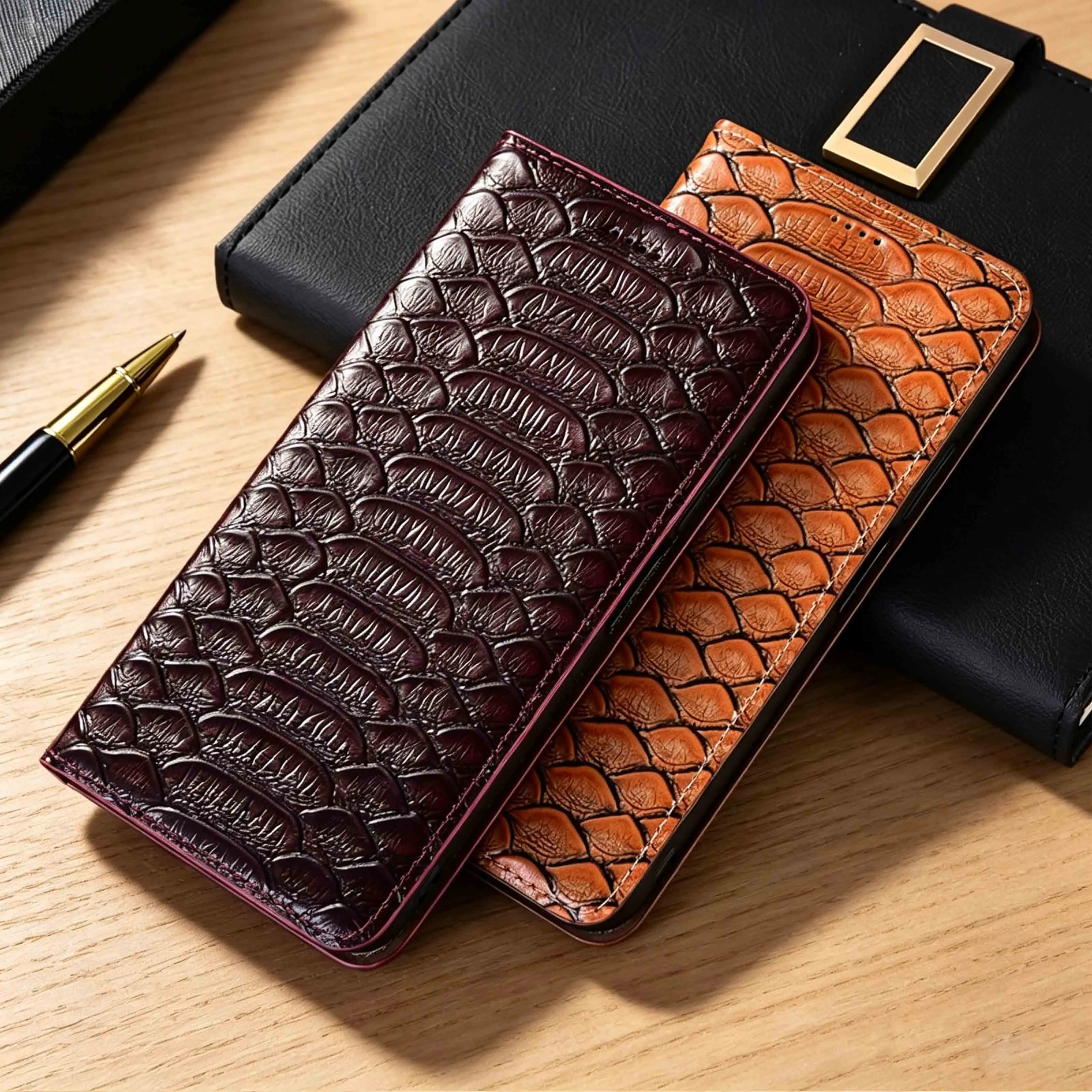 For Huawei Nova Y60 Y61 Y63 Y70 Y71 Y72 Y72S Y73 Y74 Y90 Y91 Plus Python Pattern Of GenuineLeather Flip Phone Cover Case Cowhide