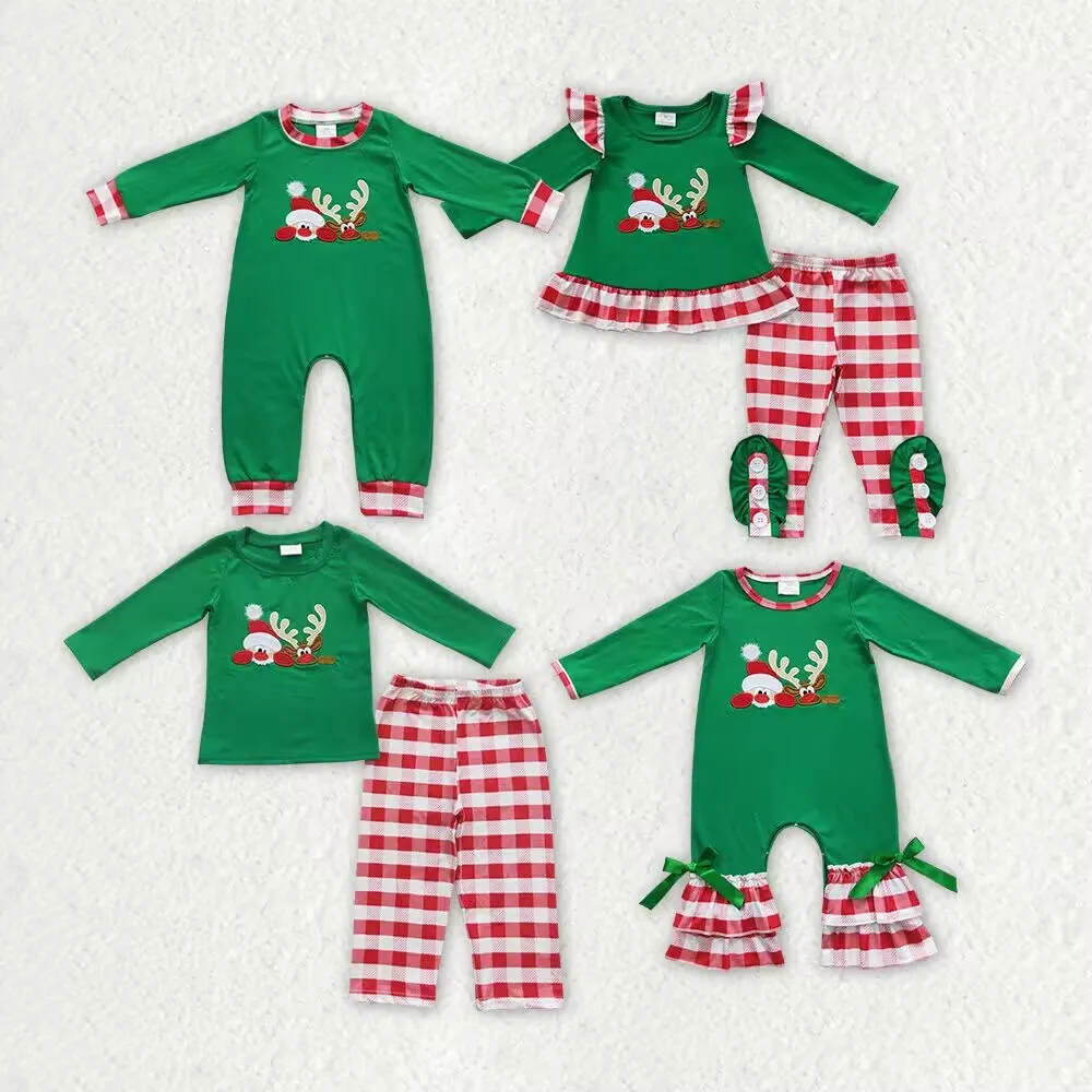 Christmas Match Baby Boys Girls Embroidered Santa Claus Reindeer Plaid Lace Green Set Wholesale Boutique Children Clothing RTS