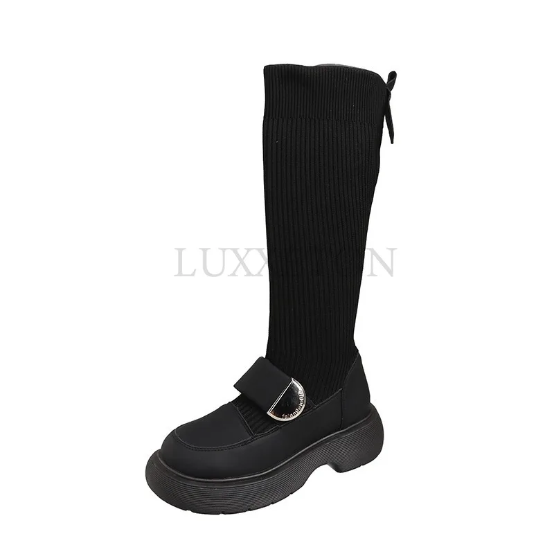 Long Tube Socks Boots Round Toe Thick Soled Women Short Boots Thick Heels Slimming and Slimming Slim Fitting Socks Boots