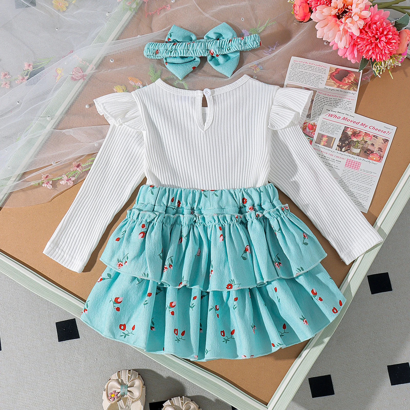 3PCS Autumn New Style 0-1 Year Old Girl Newborn Sweet And Cute Round Collar White Top + Strap Pants Set