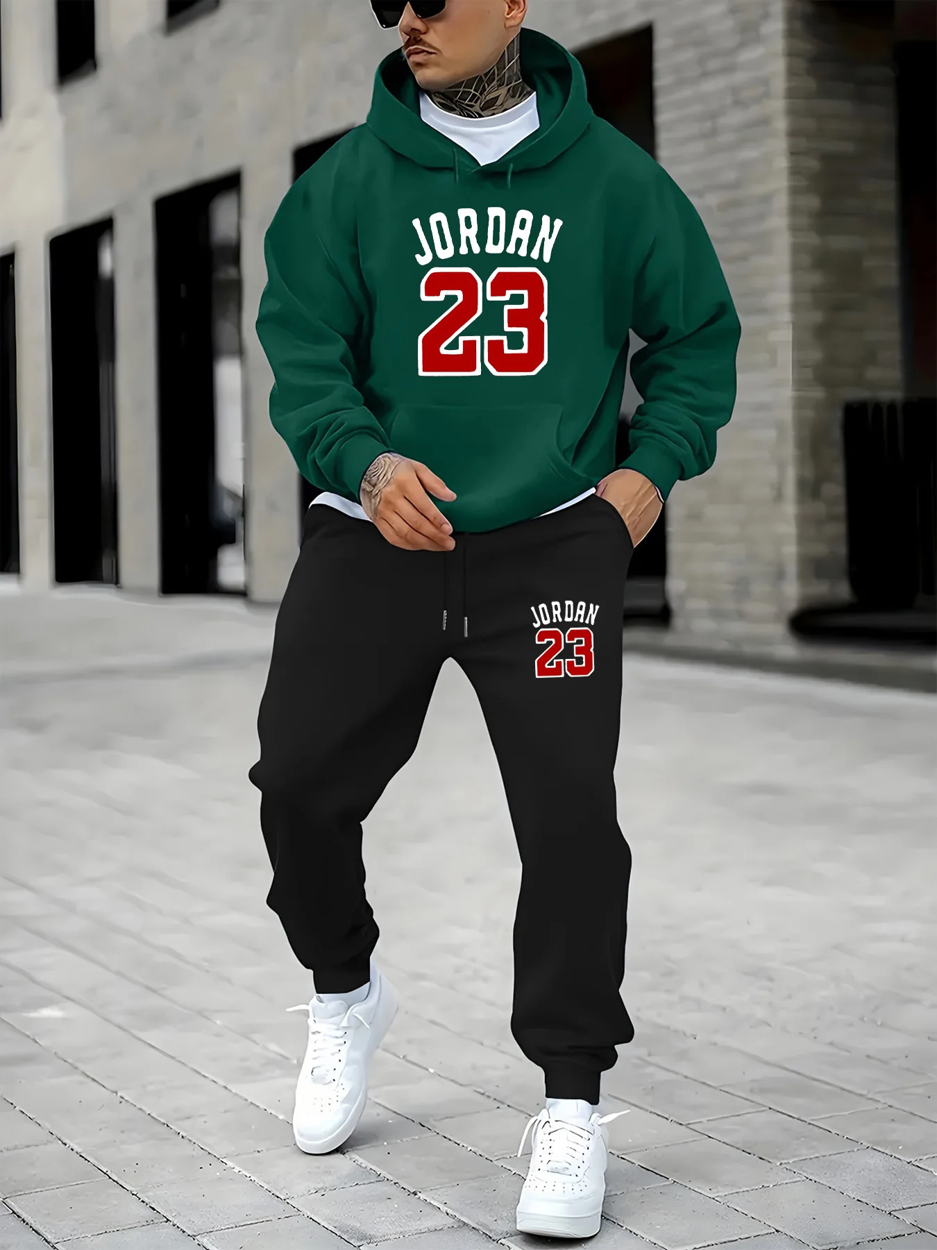 

Pop Men's Autumn And Winter Casual Warm JORDAN 23 Letter Pattern Printed Loose And Plush Thick Hoodie+sports Pants Set